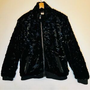Carducci Womens SZ Lg Crushed Black Velvet Faux Fur Bomber Jacket Cozy Luxury
